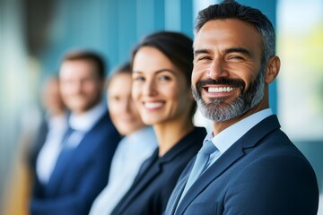 They smile against a backdrop of office buildings dressed in formal dark blue and green suits.