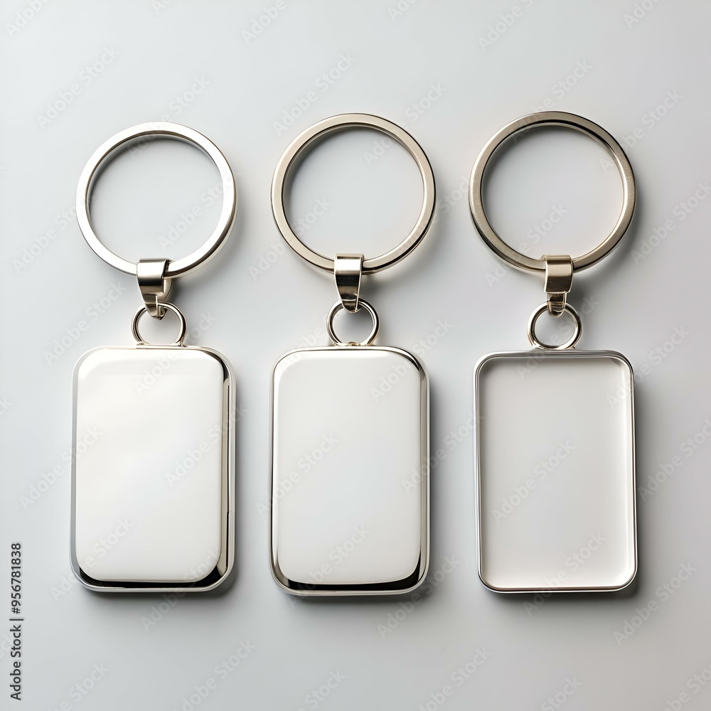 Poster three blank metal keychains with rectangular tags. perfect for branding and customization.