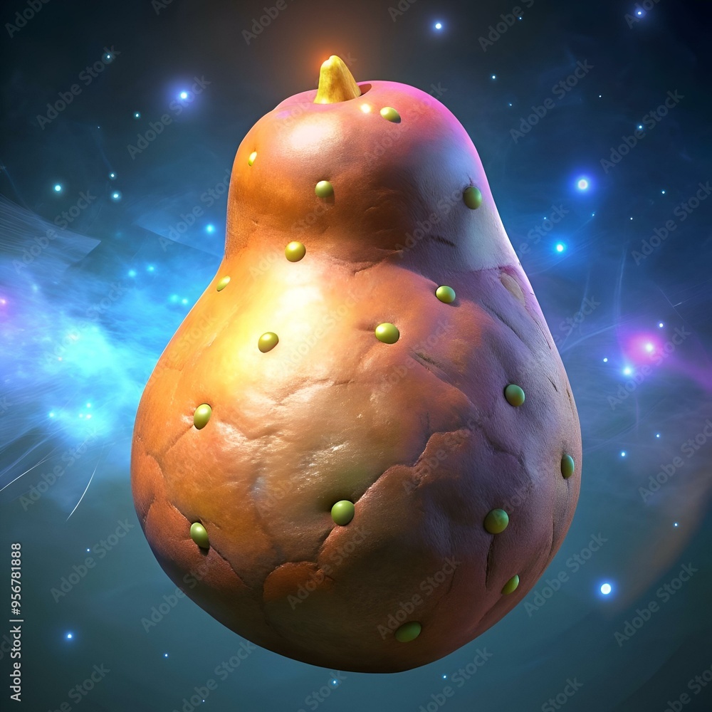 Poster a unique and abstract pear shaped object with a textured surface and glowing green accents.