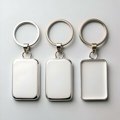 Three blank metal keychains with rectangular tags. perfect for branding and customization.