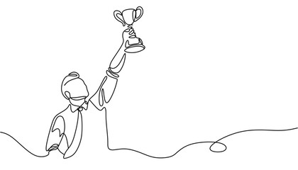 Fototapeta premium One line drawing of a man holding a trophy, success and victory concept. Minimalist winner with a trophy, single line vector illustration. 