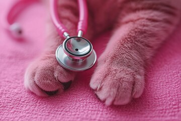 Cat paws and stethoscope isolated on pink background. Banner with copy space for vet clinic