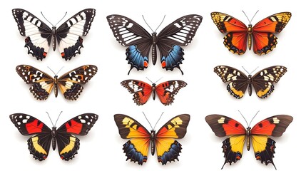 Vibrant Butterfly Collection Arranged on White Background