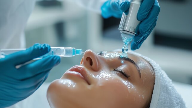 A woman receiving a hydrafacial treatment in a modern spa environment during the day
