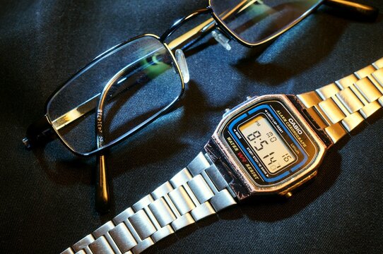 Vintage CASIO digital watch with spectacles. angled view. December 2019, 