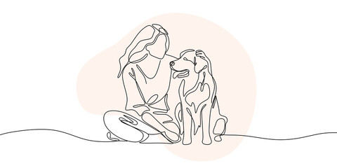 continuous line drawing of happy pet lover with dog vector illustration	