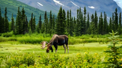 A moose is grazing in a lush green field