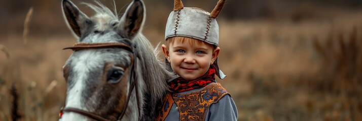 Obraz premium A young child dressed in medieval attire stands beside a horse in a picturesque countryside, portraying themes of adventure, history, and a connection to nature and tradition.