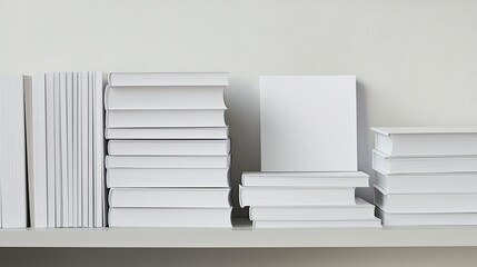 Neatly organized stack of white blank books with clean lines, arranged on a modern desk or bookshelf.