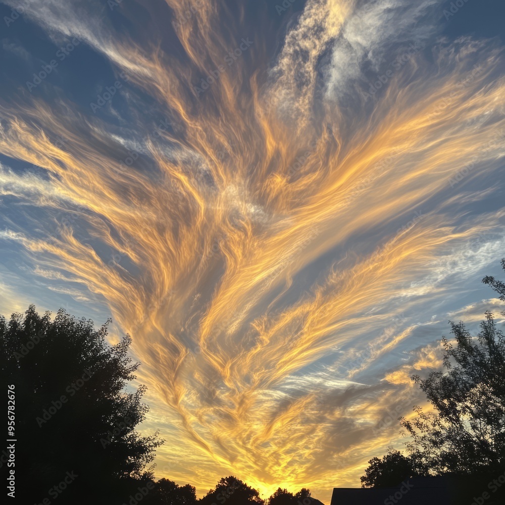 Wall mural Dramatic sunset with fiery clouds and silhouette trees.