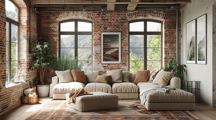 Cozy Rustic Living Room with Exposed Brick Walls and Wooden Furniture - Wall Art Mockup Front View