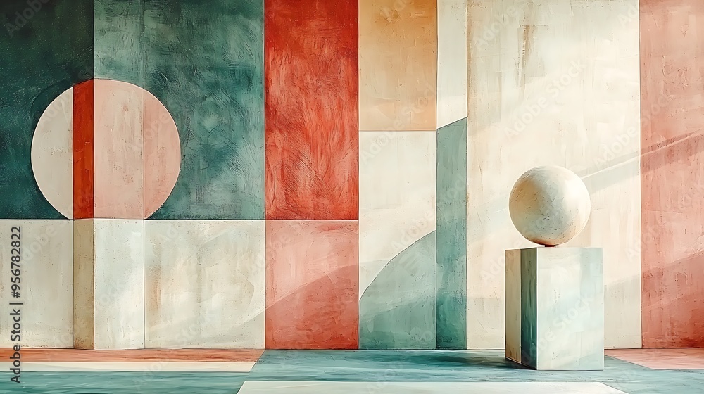 Poster an abstract geometric background features a sphere resting elegantly on a pedestal, merging art with
