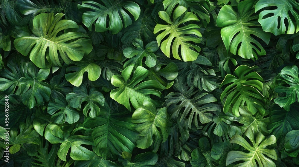 Poster overlapping philodendron leaves creating a dense, green canopy effect, ideal for a natural backgroun