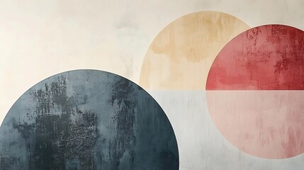 Abstract geometric wall art features textured circles in blue, beige, and red, adding a bold artistic touch.