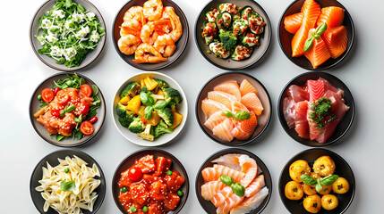set of plates of food isolated on a white background, top view