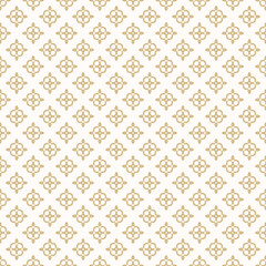 Vector geometric seamless pattern with curly shapes, curved lines, small floral silhouettes. Simple damask style ornament texture. Gold and white abstract background. Repeat golden vintage geo design