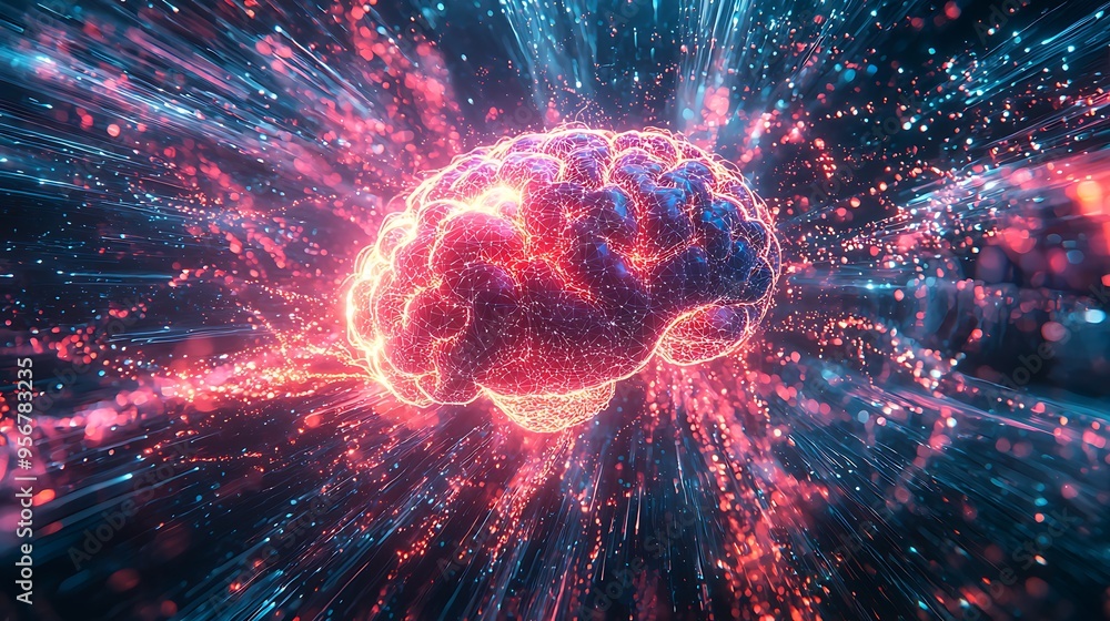 Poster a glowing brain concept with abstract networks illustrates the intricacies of thought and connection