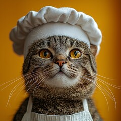 Cat chef with white hat and apron against a vibrant yellow background