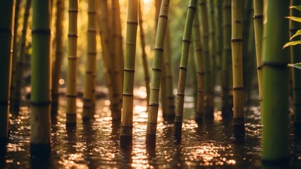 Golden sunlight piercing through tall bamboo stalks.