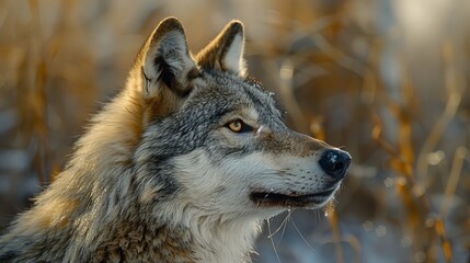 Fototapeta premium Grey Wolf Portrait with Golden Eyes and a Drool