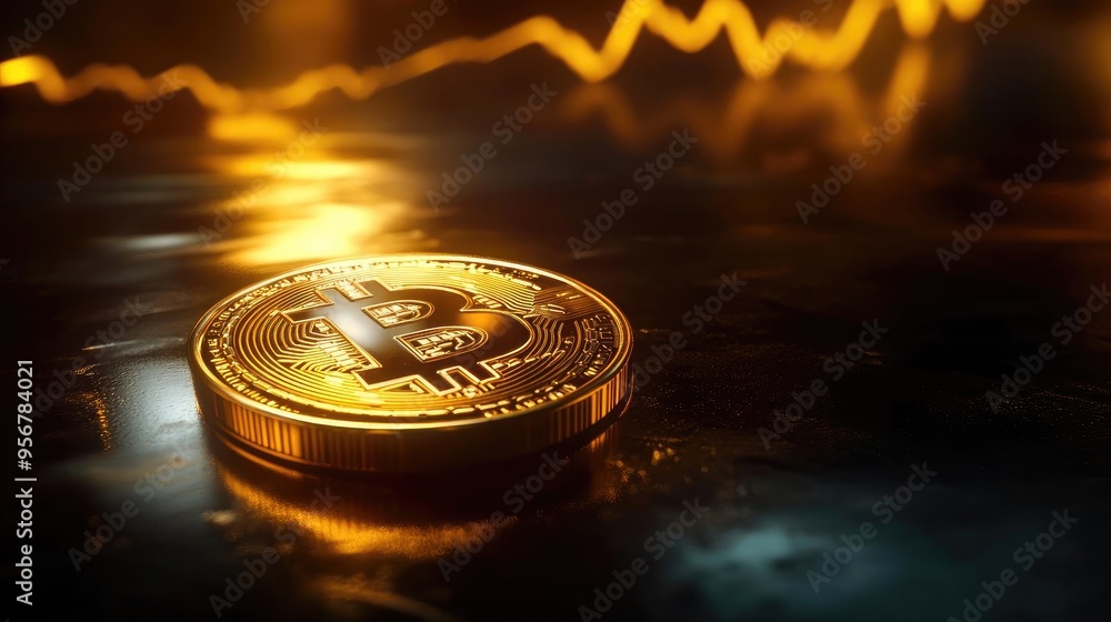 Poster close-up of a bitcoin resting on a reflective surface with a glowing market trend line in the backgr