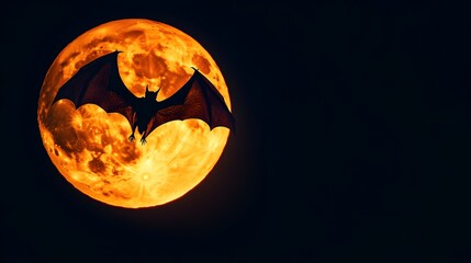 Bat Silhouetted Against Glowing Orange Full Moon in Spooky Nighttime Sky