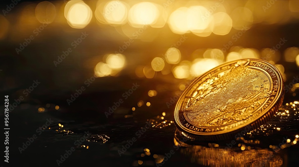Poster a shiny gold coin resting on a reflective surface, illuminated by soft, warm light, creating a tranq