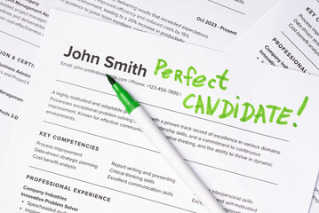 Fake mock CV (curriculum vitae) resume for John Smith, selected by HR as the perfect candidate for a job. Concept of job search, employee selection, recruitment process, work and hiring.