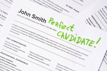 Obraz premium Fake mock CV (curriculum vitae) resume for John Smith, selected by HR as the perfect candidate for a job. Concept of job search, employee selection, recruitment process, work and hiring.