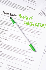 Fake mock CV (curriculum vitae) resume for John Smith, selected by HR as the perfect candidate for a job. Concept of job search, employee selection, recruitment process, work and hiring.