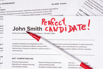 Fake mock CV (curriculum vitae) resume for John Smith, selected by HR as the perfect candidate for a job. Concept of job search, employee selection, recruitment process, work and hiring.