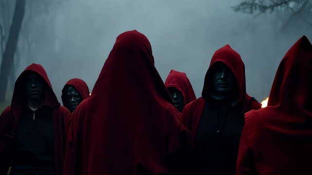Group of mystery people in a red hooded cloaks. Generative Ai