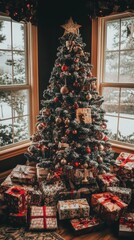 Fototapeta premium Festive Abstract Winter Wonderland: Multicultural Christmas and New Year Celebration. Cozy Home Scene with Tree, Stockings, and Snowy Window View. Inclusive Holiday Marketing Background for Seasonal P