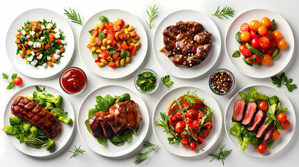 set of plates of food isolated on a white background, top view