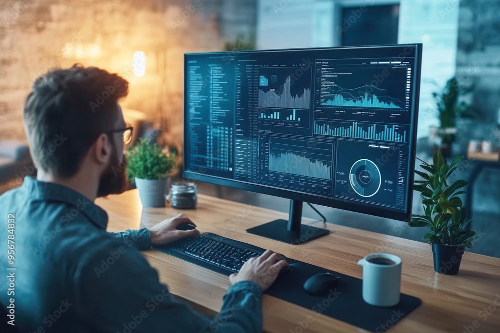 Fototapete an expert is focused on analyzing data on a large monitor while using a keyboard and notepad in an o