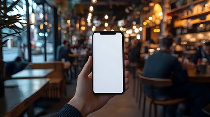 Hand Holding Smartphone Amid Bustling Cafe Setting,Highlighting Technology's Social Role
