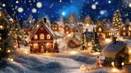 Obraz premium Snow-covered Christmas village scene with colorful lights and holiday cheer