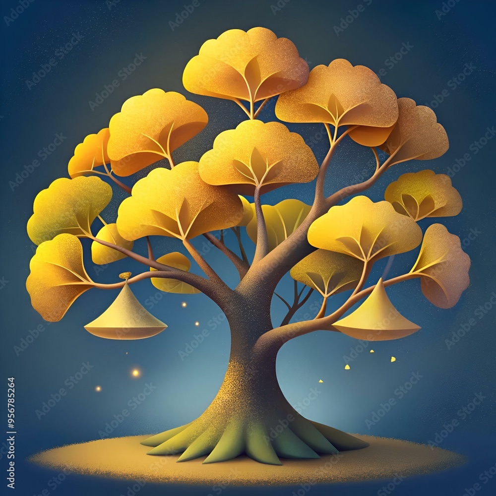 Poster a whimsical 3d illustration of a glowing ginkgo tree. perfect for adding a touch of magic and wonder