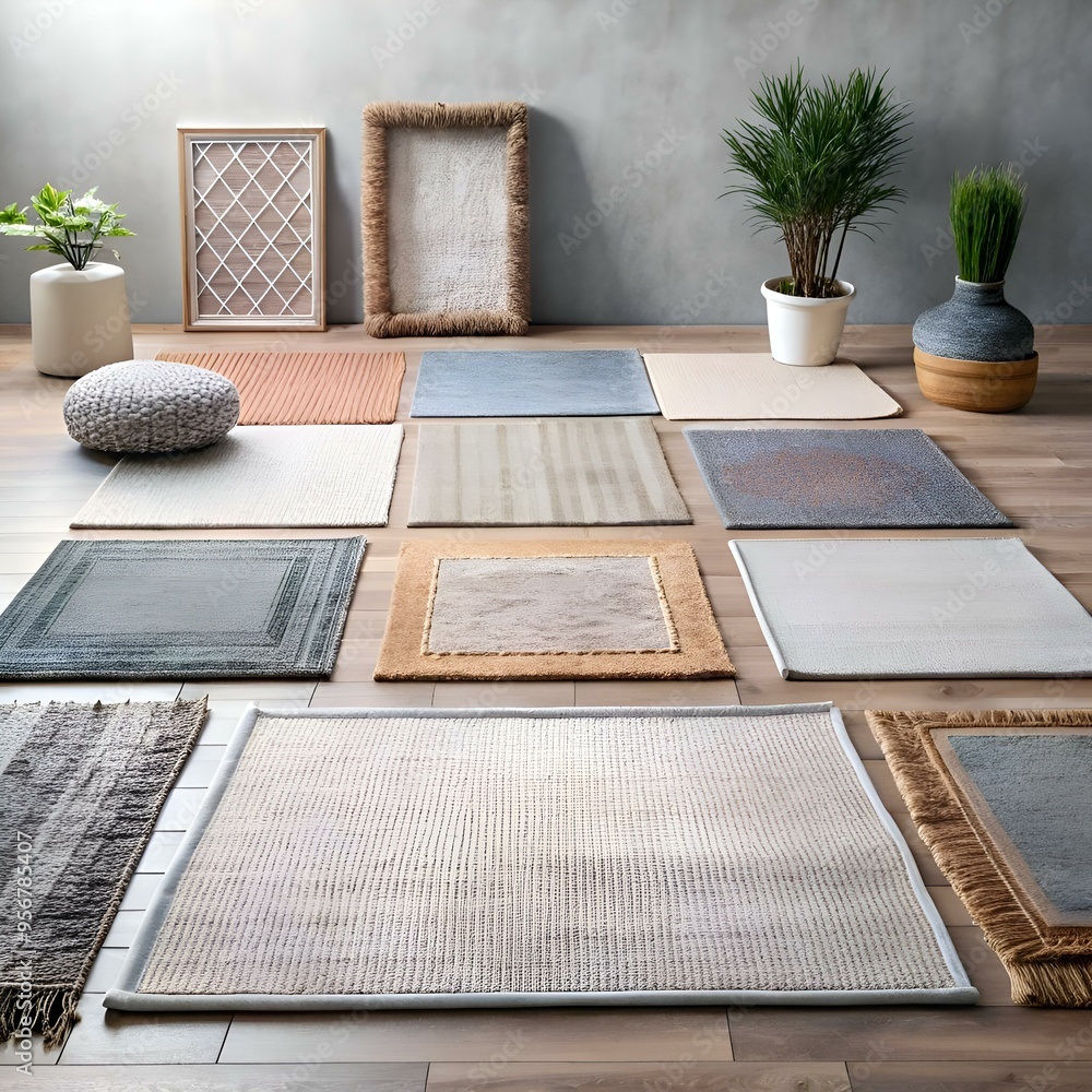Poster a beautiful arrangement of rugs with different textures and patterns. featuring neutral tones of bei