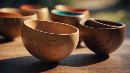 Minimalist wooden bowls in natural sunlight.