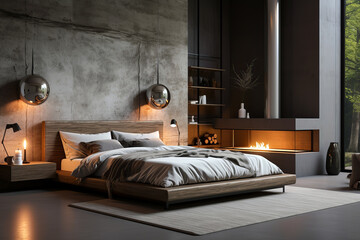 A minimalist bedroom with low wooden platform bed, a textured concrete wall backdrop, floating nightstands, and modern hanging lamps.