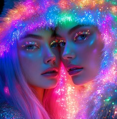 Obraz premium two girls wearing shiny colorful wigs are in a night club