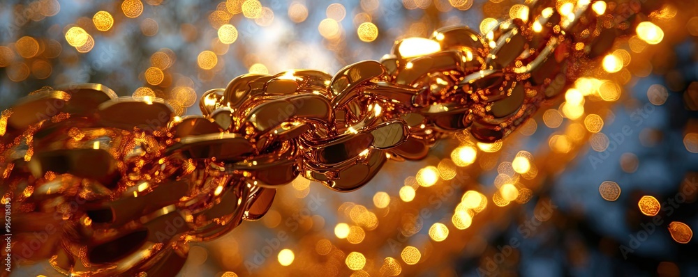 Poster close-up view of a shiny gold chain illuminated by warm lights, showcasing its intricate design and 