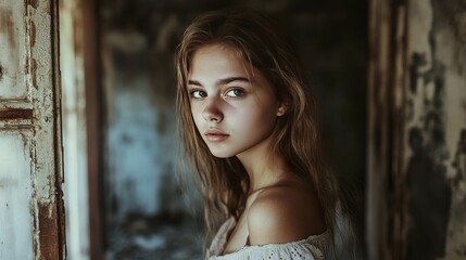Fototapeta premium Girl's portrait in ruined home