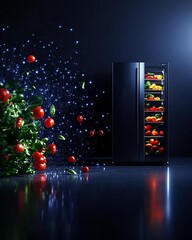 A smart fridge that scans food items for their glycemic index and provides meal planning tips, with a sleek, modern interface, Smart Home, Realistic 3D