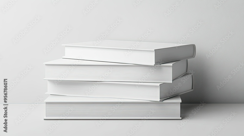 Poster stack of pristine white blank books with a sleek appearance, set against a clean background to empha