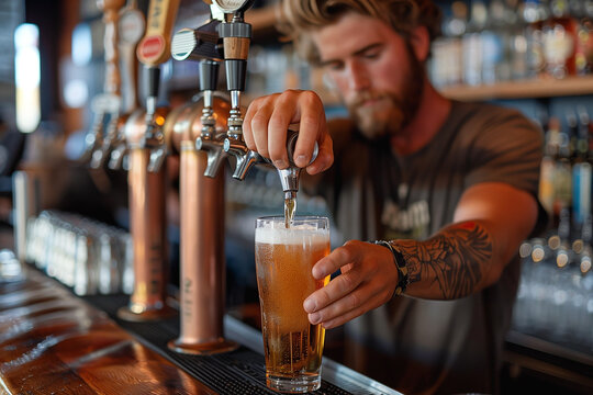Handsome tattooed bartender pouring a pint of beer in a pub