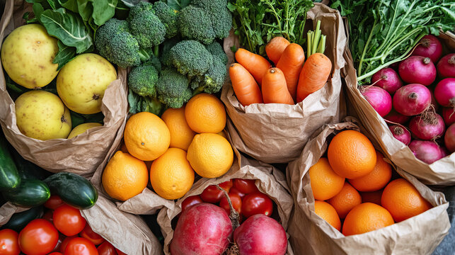 close up Freshly delivered locally grown fruits and vegetables packed in eco-friendly paper bags, zero waste vegetarian nutrition concept.