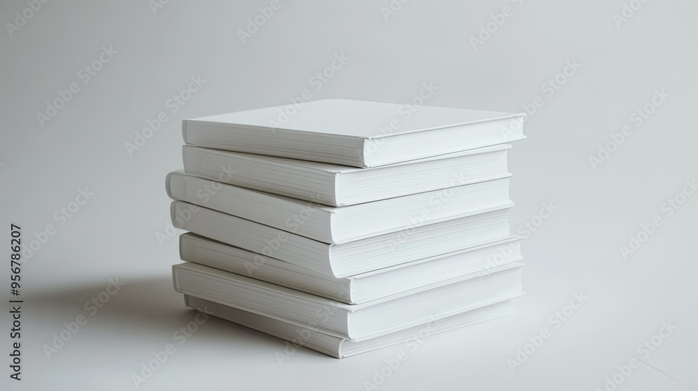 Poster stack of pristine white blank books with a sleek appearance, set against a clean background to empha
