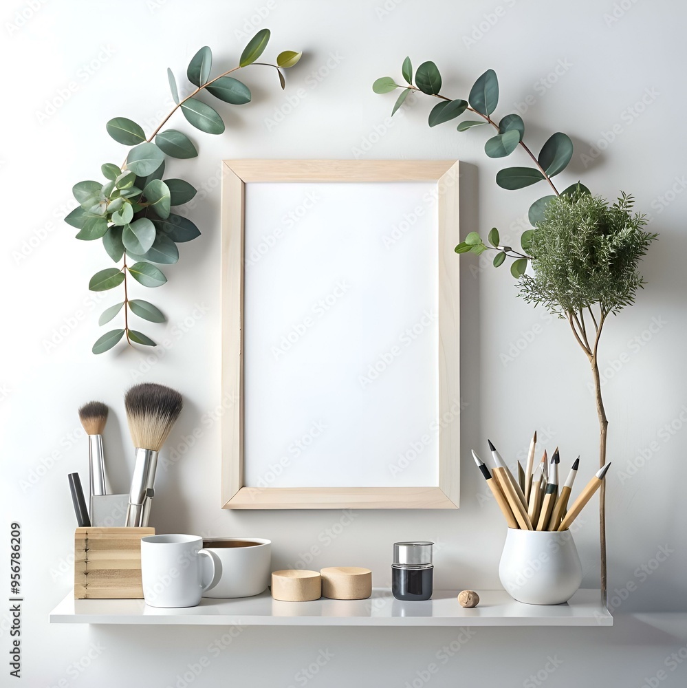 Poster minimalist styled shelf mockup with a blank picture frame. eucalyptus branches. and everyday items.